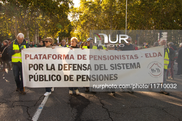 Thousands of people from all over Spain take part in a national demonstration in defense of the public pension system in Madrid, Spain, on O...