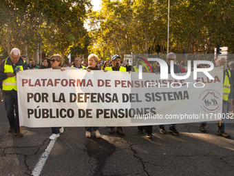 Thousands of people from all over Spain take part in a national demonstration in defense of the public pension system in Madrid, Spain, on O...