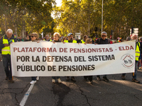 Thousands of people from all over Spain take part in a national demonstration in defense of the public pension system in Madrid, Spain, on O...