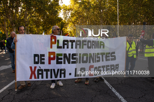 Thousands of people from all over Spain take part in a national demonstration in defense of the public pension system in Madrid, Spain, on O...