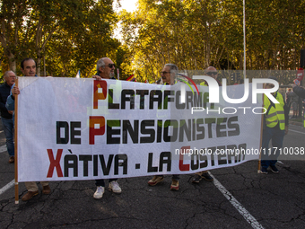 Thousands of people from all over Spain take part in a national demonstration in defense of the public pension system in Madrid, Spain, on O...