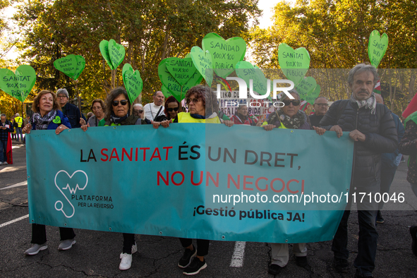 Thousands of people from all over Spain take part in a national demonstration in defense of the public pension system in Madrid, Spain, on O...