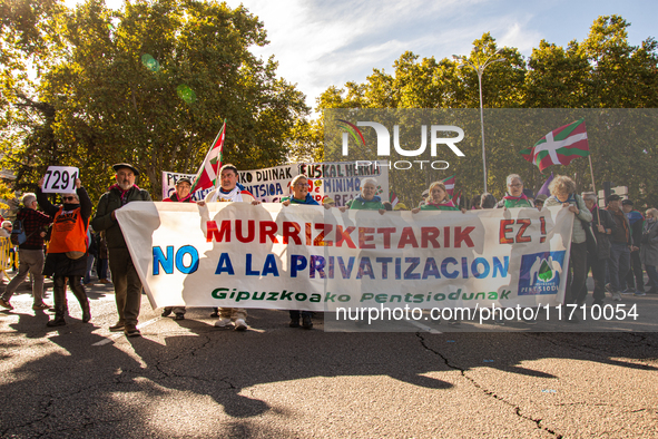 Thousands of people from all over Spain take part in a national demonstration in defense of the public pension system in Madrid, Spain, on O...