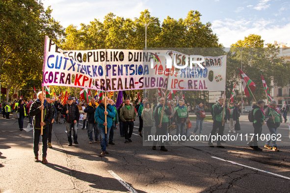 Thousands of people from all over Spain take part in a national demonstration in defense of the public pension system in Madrid, Spain, on O...