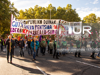 Thousands of people from all over Spain take part in a national demonstration in defense of the public pension system in Madrid, Spain, on O...