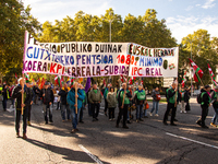 Thousands of people from all over Spain take part in a national demonstration in defense of the public pension system in Madrid, Spain, on O...