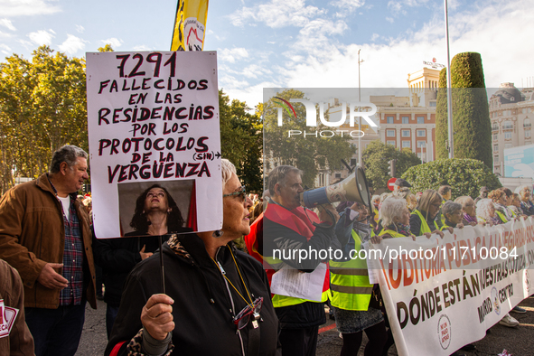 Thousands of people from all over Spain take part in a national demonstration in defense of the public pension system in Madrid, Spain, on O...