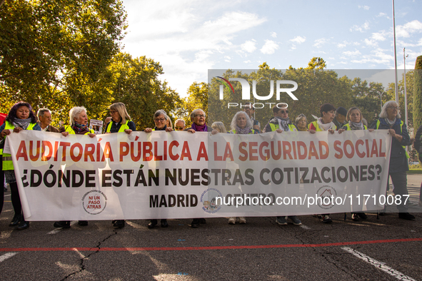 Thousands of people from all over Spain take part in a national demonstration in defense of the public pension system in Madrid, Spain, on O...