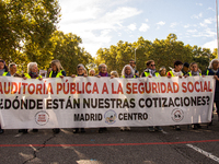 Thousands of people from all over Spain take part in a national demonstration in defense of the public pension system in Madrid, Spain, on O...