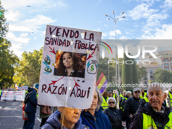 Thousands of people from all over Spain take part in a national demonstration in defense of the public pension system in Madrid, Spain, on O...