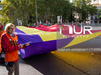 Thousands of people from all over Spain take part in a national demonstration in defense of the public pension system in Madrid, Spain, on O...