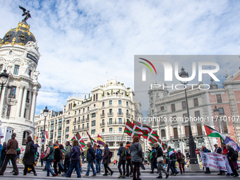 Thousands of people from all over Spain take part in a national demonstration in defense of the public pension system in Madrid, Spain, on O...