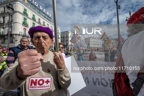 Thousands of people from all over Spain take part in a national demonstration in defense of the public pension system in Madrid, Spain, on O...