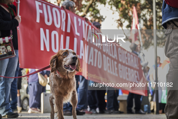 Thousands of people march through Bari, Italy, on October 26, 2024, with banners and flags during a peace rally titled ''Stop the wars, the...