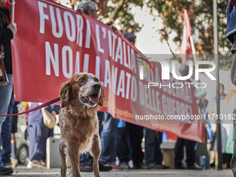 Thousands of people march through Bari, Italy, on October 26, 2024, with banners and flags during a peace rally titled ''Stop the wars, the...