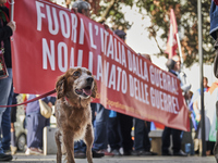 Thousands of people march through Bari, Italy, on October 26, 2024, with banners and flags during a peace rally titled ''Stop the wars, the...