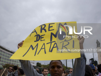 In Lisbon, Portugal, on October 26, 2024, demonstrators march from Marques de Pombal Square to Praca dos Restauradores. They protest the dea...