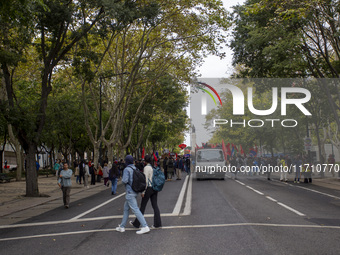 In Lisbon, Portugal, on October 26, 2024, demonstrators march from Marques de Pombal Square to Praca dos Restauradores. They protest the dea...