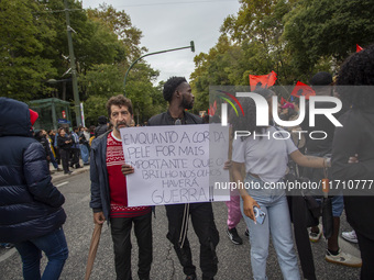 In Lisbon, Portugal, on October 26, 2024, demonstrators march from Marques de Pombal Square to Praca dos Restauradores. They protest the dea...