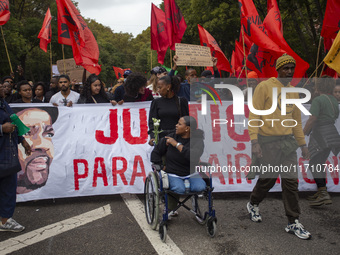 In Lisbon, Portugal, on October 26, 2024, demonstrators march from Marques de Pombal Square to Praca dos Restauradores. They protest the dea...