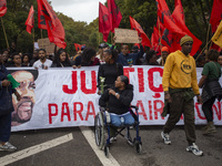 In Lisbon, Portugal, on October 26, 2024, demonstrators march from Marques de Pombal Square to Praca dos Restauradores. They protest the dea...