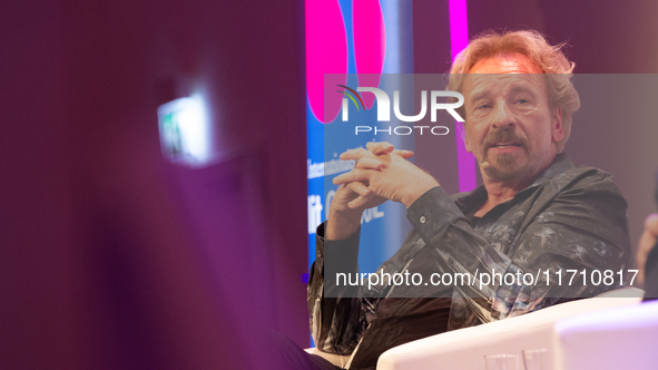 Thomas Johannes Gottschalk, a German television host, is seen on the stage at Flora Hall in Cologne, Germany, on October 26, 2024, during th...