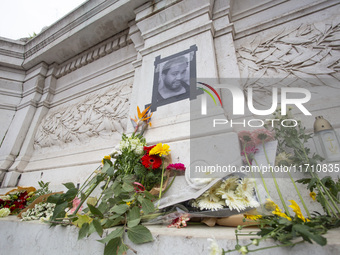 An improvised memorial for Odair Moniz stands at Praca dos Restauradores in Lisbon, Portugal, on October 26, 2024. People protest the death...