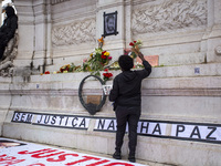 An improvised memorial for Odair Moniz stands at Praca dos Restauradores in Lisbon, Portugal, on October 26, 2024. People protest the death...