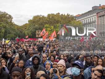 Demonstrators gather at Praca dos Restauradores in Lisbon, Portugal, on October 26, 2024. They protest the death of Cape Verdean immigrant O...