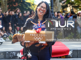 A dog is dressed as a 2024 Olympics padded horse for the Washington Square Park Halloween Dog Parade in New York, N.Y., on October 26, 2024....