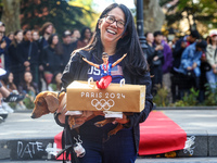 A dog is dressed as a 2024 Olympics padded horse for the Washington Square Park Halloween Dog Parade in New York, N.Y., on October 26, 2024....