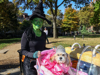 Robyn dresses as Elphaba and her rescue dog 89 as Glinda from Wicked pose for a photo during the Washington Square Park Halloween Dog Parade...