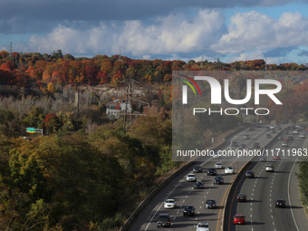 A general view of Don Valley Park as trees display their full autumn colors in Toronto, Ontario, Canada, on October 26, 2024. (