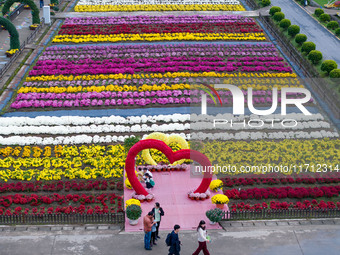 Tourists view chrysanthemums at the Chrysanthemum Garden at Jiangning Lake in Nanjing, China, on October 27, 2024. (