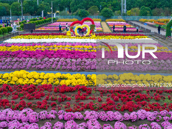 Tourists view chrysanthemums at the Chrysanthemum Garden at Jiangning Lake in Nanjing, China, on October 27, 2024. (