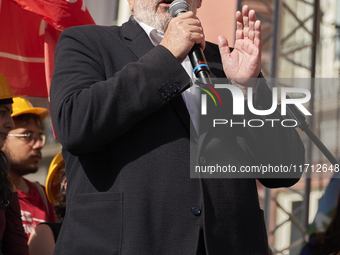 Michele Emiliano, President of the Apulia Region, speaks at a rally advocating for world peace. Thousands of people march through Bari, Ital...