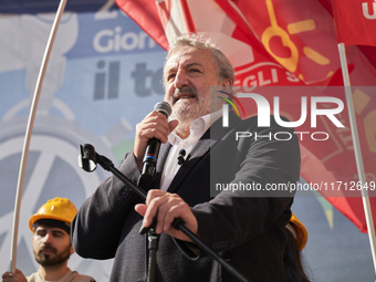 Michele Emiliano, President of the Apulia Region, speaks at a rally advocating for world peace. Thousands of people march through Bari, Ital...