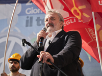 Michele Emiliano, President of the Apulia Region, speaks at a rally advocating for world peace. Thousands of people march through Bari, Ital...