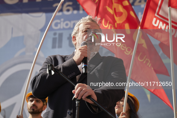 Michele Emiliano, President of the Apulia Region, speaks at a rally advocating for world peace. Thousands of people march through Bari, Ital...