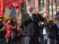 Michele Emiliano, President of the Apulia Region, speaks at a rally advocating for world peace. Thousands of people march through Bari, Ital...