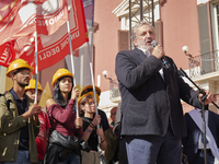 Michele Emiliano, President of the Apulia Region, speaks at a rally advocating for world peace. Thousands of people march through Bari, Ital...