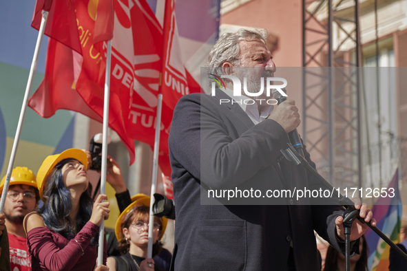 Michele Emiliano, President of the Apulia Region, speaks at a rally advocating for world peace. Thousands of people march through Bari, Ital...