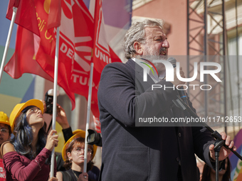 Michele Emiliano, President of the Apulia Region, speaks at a rally advocating for world peace. Thousands of people march through Bari, Ital...