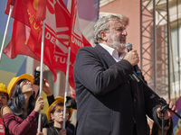 Michele Emiliano, President of the Apulia Region, speaks at a rally advocating for world peace. Thousands of people march through Bari, Ital...