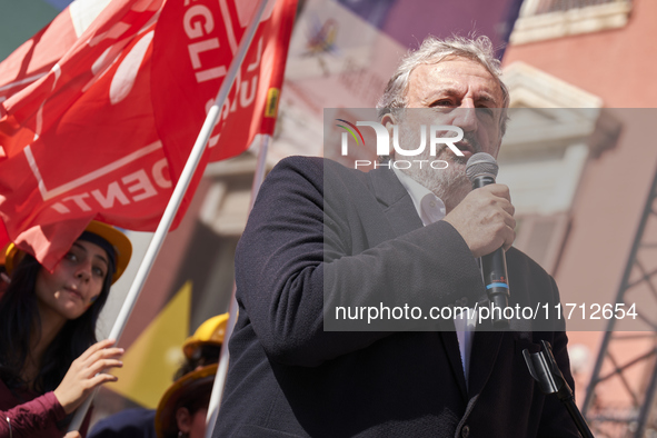 Michele Emiliano, President of the Apulia Region, speaks at a rally advocating for world peace. Thousands of people march through Bari, Ital...