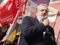 Michele Emiliano, President of the Apulia Region, speaks at a rally advocating for world peace. Thousands of people march through Bari, Ital...