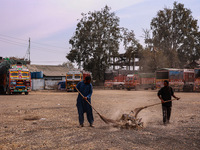 Workers use a broom to clean the trash from the apple market in Sopore, Jammu and Kashmir, India, on October 27, 2024. (