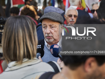 Gianfranco Pagliarulo, President of the National Association of Italian Partisans (ANPI), speaks at a rally advocating for world peace. Thou...