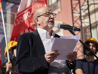 Gianfranco Pagliarulo, President of the National Association of Italian Partisans (ANPI), speaks at a rally advocating for world peace. Thou...