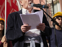 Gianfranco Pagliarulo, President of the National Association of Italian Partisans (ANPI), speaks at a rally advocating for world peace. Thou...